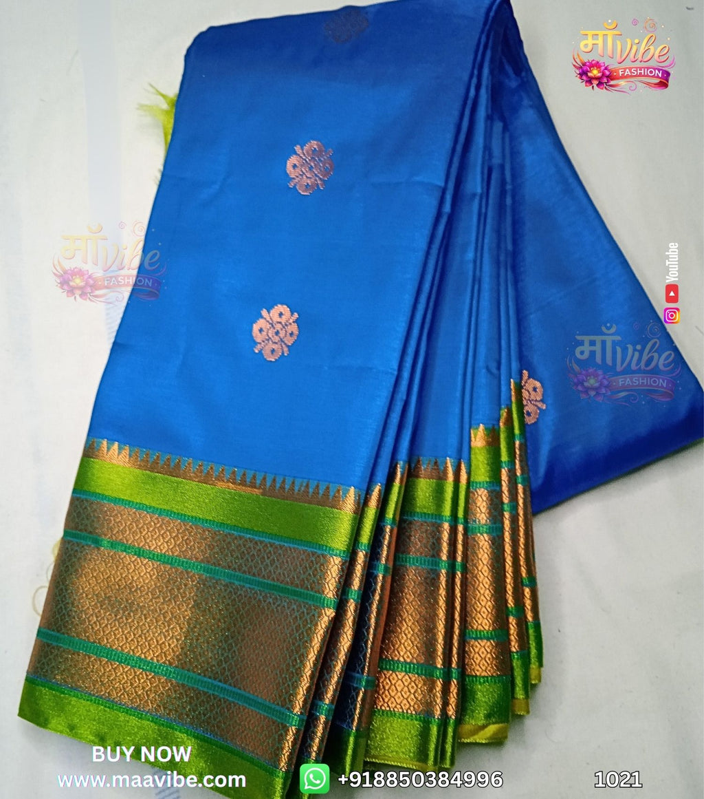 Women's Paithani Satin Silk Saree | Royal Blue with Pink Floral Motifs & Green Zari Border | Unstitched Blouse Piece