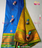 Women's Paithani Satin Silk Saree | Royal Blue with Pink Floral Motifs & Green Zari Border | Unstitched Blouse Piece